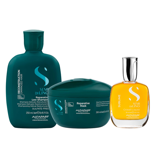 Set Semi di Lino / Shampoo e Maschera Reparative per capelli danneggiati da medi a spessi + Cristalli Liquidi