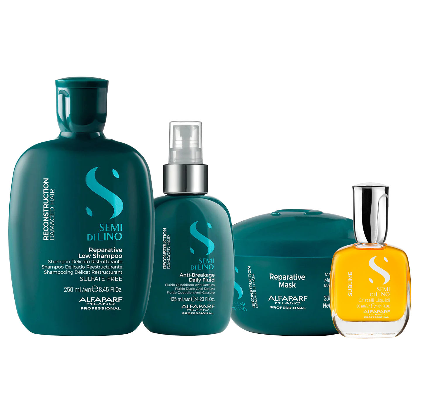 Set Semi di Lino / Shampoo Maschera e Crema per capelli danneggiati da medi a spessi + Cristalli Liquidi