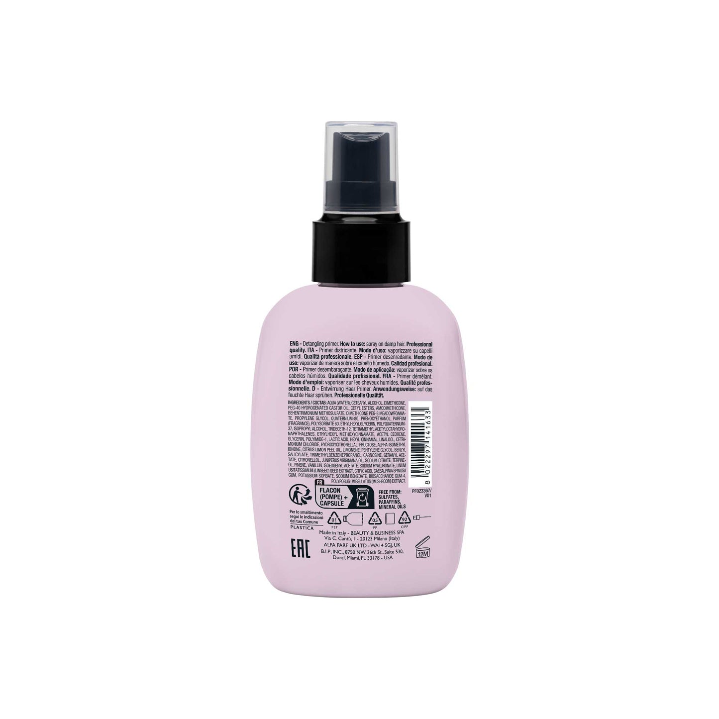 Detangling Primer Per tutti i tipi di capelli. Districa e condiziona i capelli, riducendo l'effetto crespo e velocizzando l'asciugatura.
Protezione termica fino a 230°C. Formula vegan. Non appesantisce. Fragranza floreale e fruttata sviluppata per influire in modo positivo sull'umore.