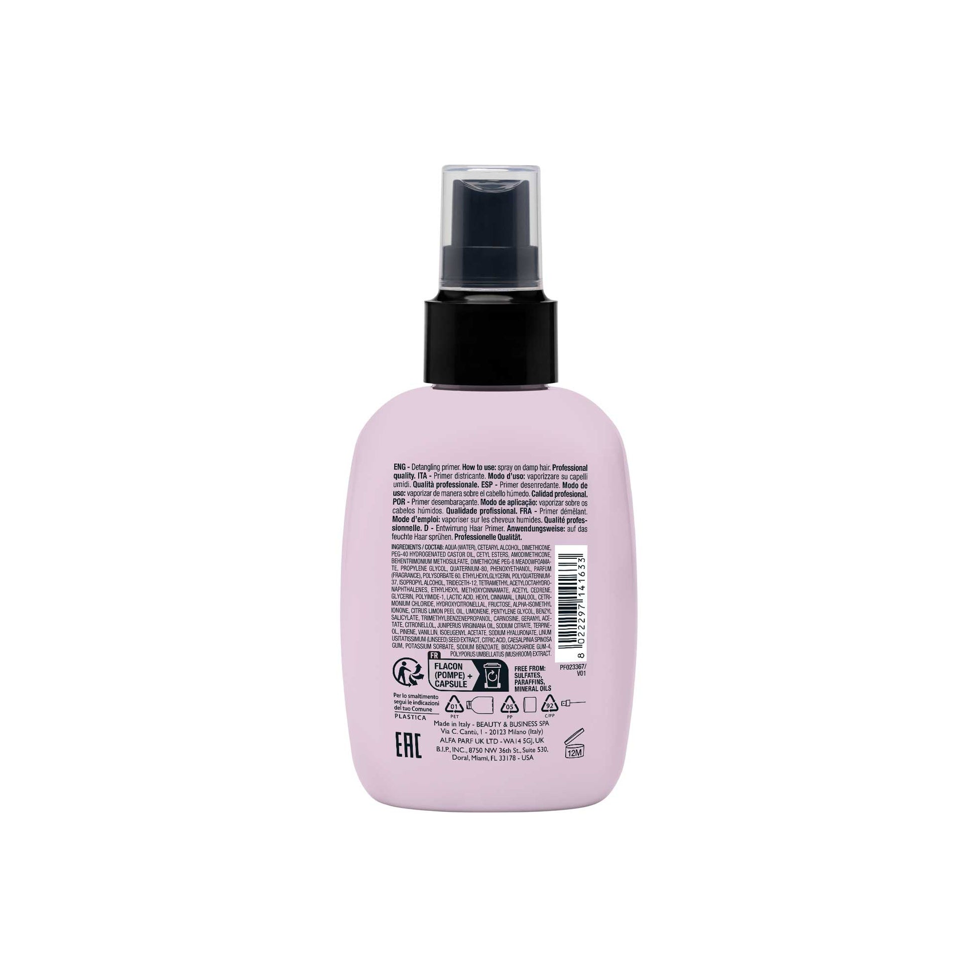 Detangling Primer  Per tutti i tipi di capelli. Districa e condiziona i capelli, riducendo l'effetto crespo e velocizzando l'asciugatura.
Protezione termica fino a 230°C. Formula vegan. Non appesantisce. Fragranza floreale e fruttata sviluppata per influire in modo positivo sull'umore.