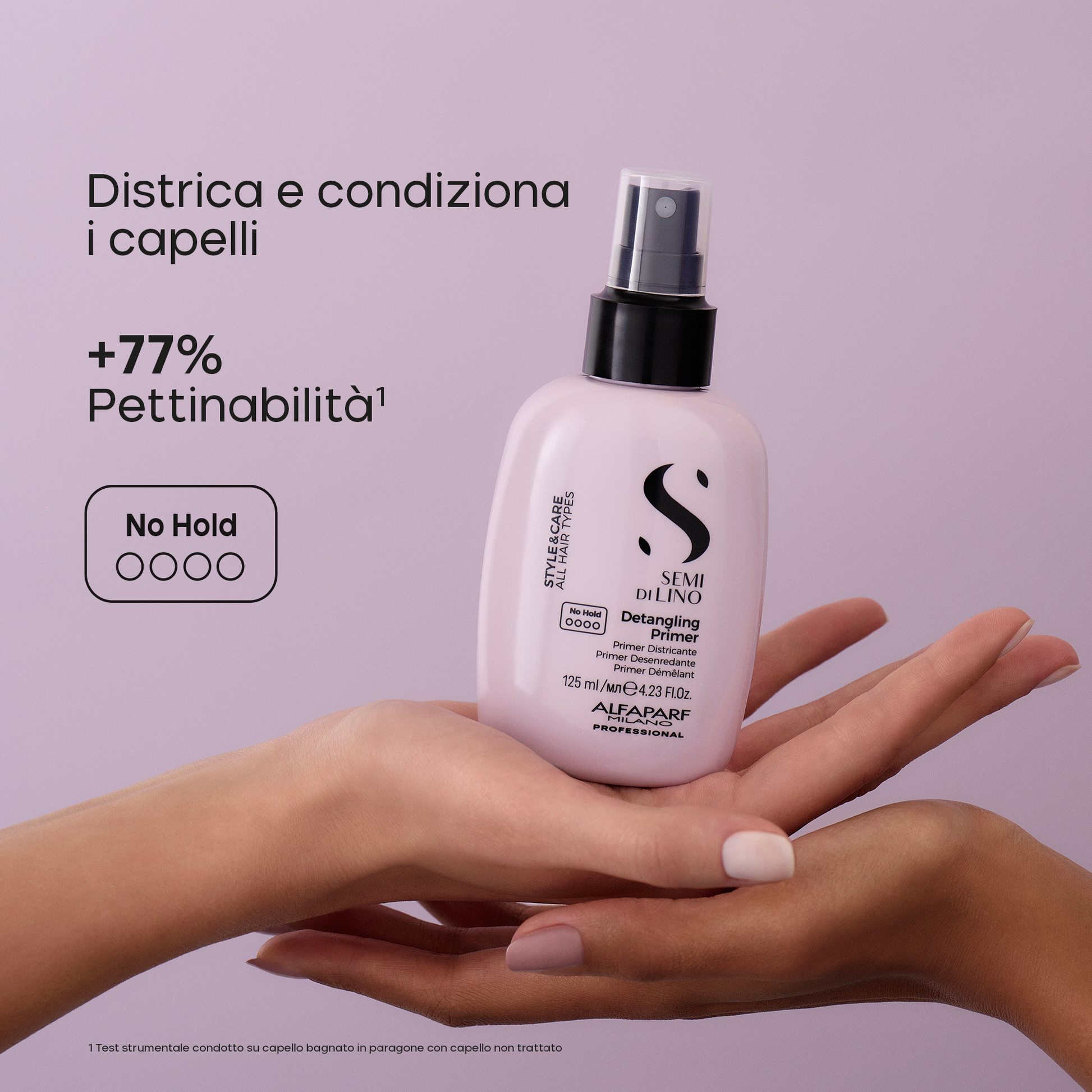 Detangling Primer  Per tutti i tipi di capelli. Districa e condiziona i capelli, riducendo l'effetto crespo e velocizzando l'asciugatura.
Protezione termica fino a 230°C. Formula vegan. Non appesantisce. Fragranza floreale e fruttata sviluppata per influire in modo positivo sull'umore.