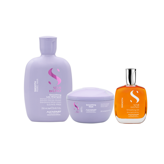 Semi di Lino Smooth Set per capelli ribelli composto da shampoo 250ml, maschera 200ml e smoothing oil per eliminare l'effetto crespo e rendere la chioma lucente