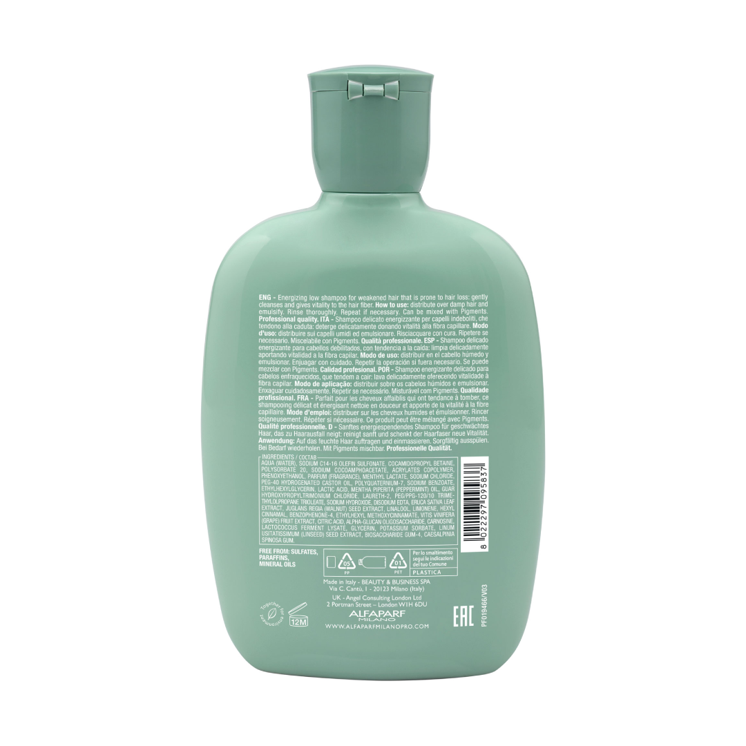 Energizing Low Shampoo:
Deterge delicatamente donando vitalità e nuova energia ai capelli indeboliti, che tendono alla caduta. Cute e fibra capillare ritrovano equilibrio, forza e corposità.