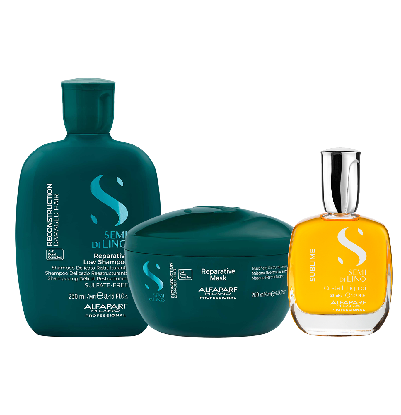 Set Semi di Lino / Shampoo e Maschera Reparative per capelli danneggiati da medi a spessi + Cristalli Liquidi