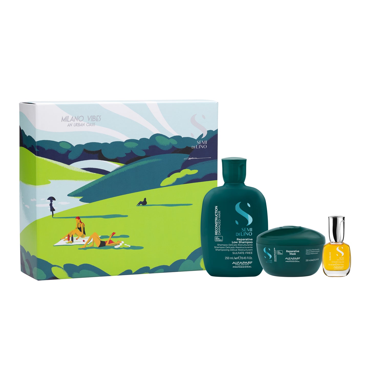 Semi di Lino Holiday Set Reconstruction / Per capelli danneggiati - Reparative Low Shampoo + Reparative Mask + Cristalli Liquidi