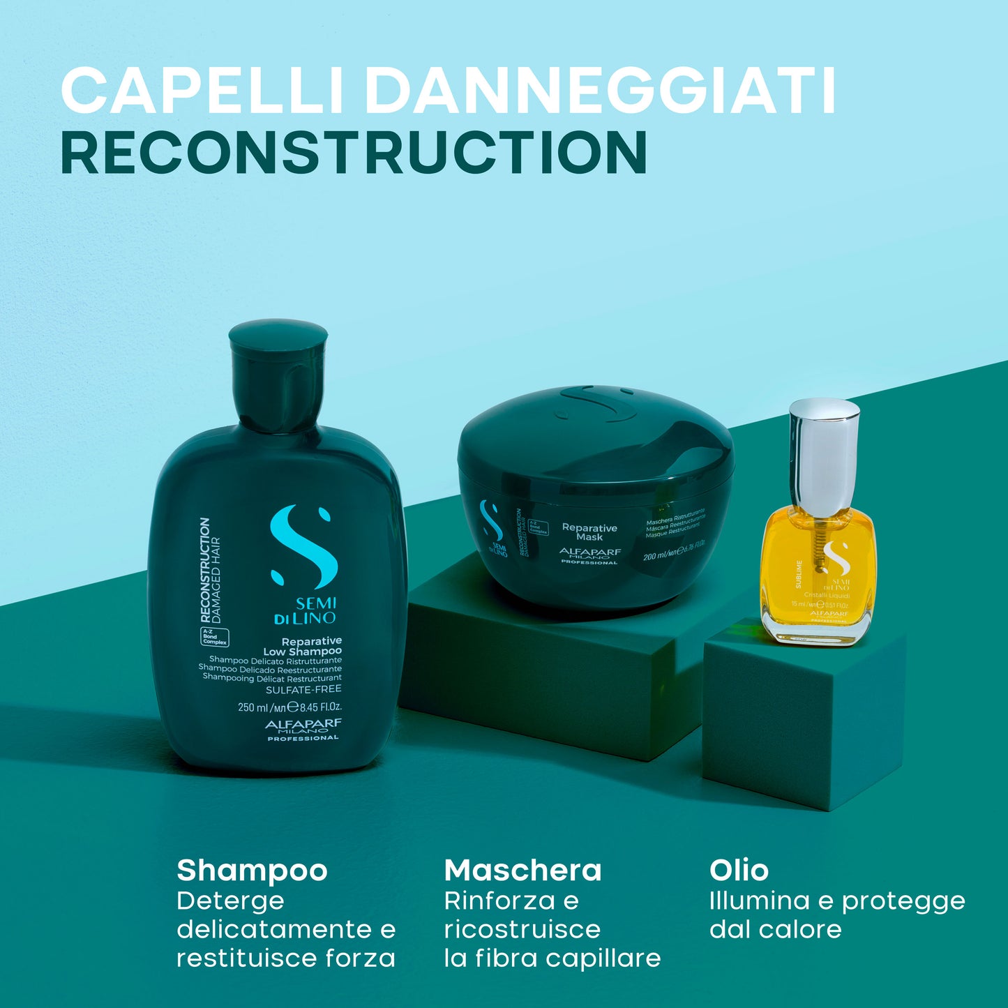 Semi di Lino Holiday Set Reconstruction / Per capelli danneggiati - Reparative Low Shampoo + Reparative Mask + Cristalli Liquidi